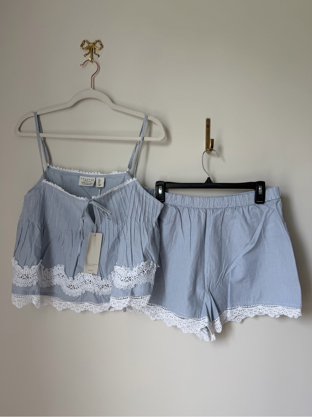 Calypso St. Barth Blue cotton white Lace-Trim Cami & Short Pajama Set - Picture 1 of 7